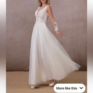 Azazie White V-Neck Cap Sleeve Bridal Gown